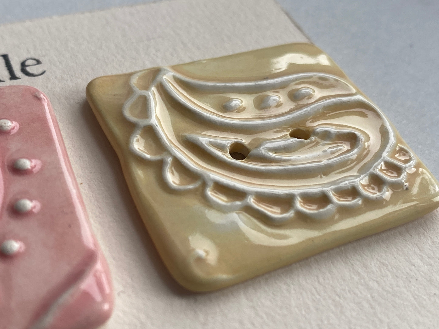 Handmade set of 3 Ceramic 35mm square Buttons Whimsical design Pretty Pastels