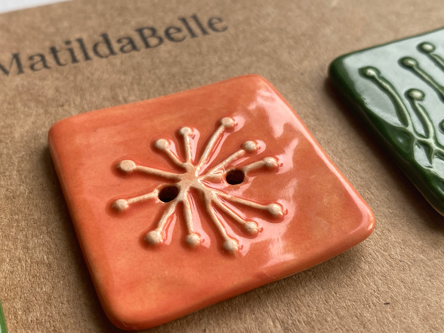 35mm Set of 3 Square Botanical Clay Buttons  Forest Green & Orange