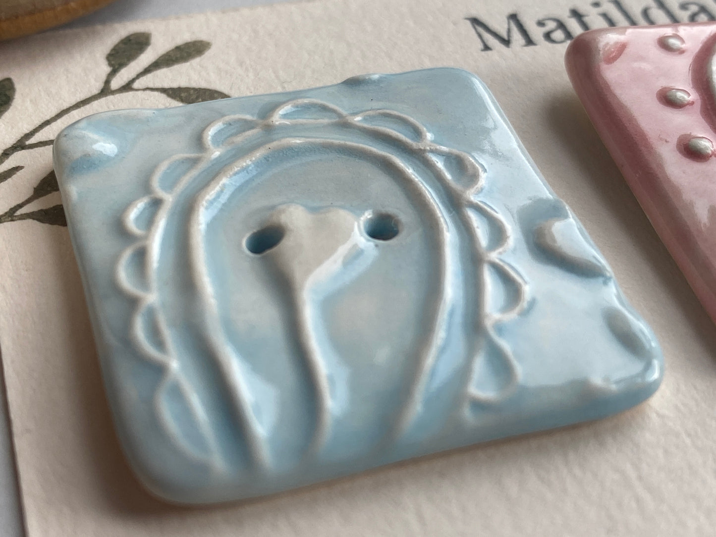 Handmade set of 3 Ceramic 35mm square Buttons Whimsical design Pretty Pastels