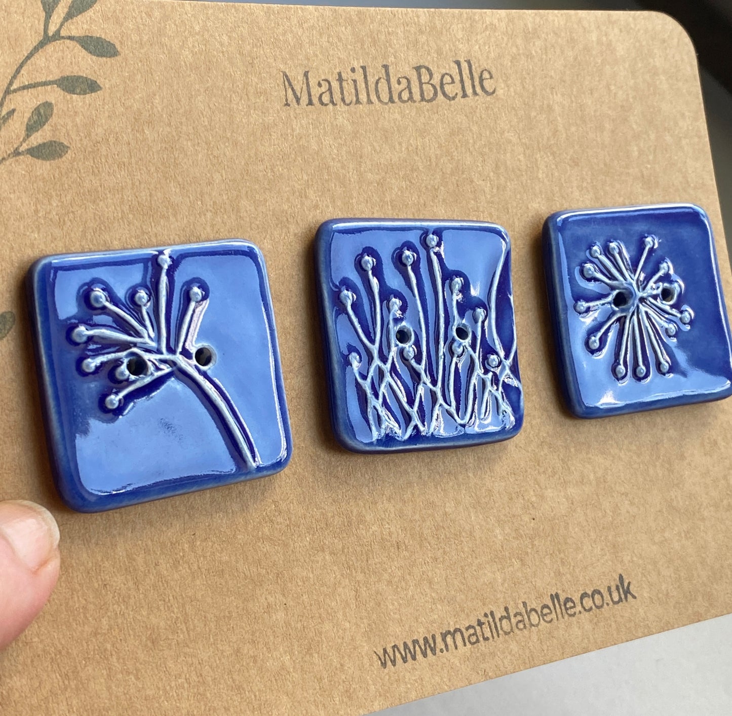 35mm Set of 3 Square Botanical Clay Buttons Navy Blue- 35mm  -