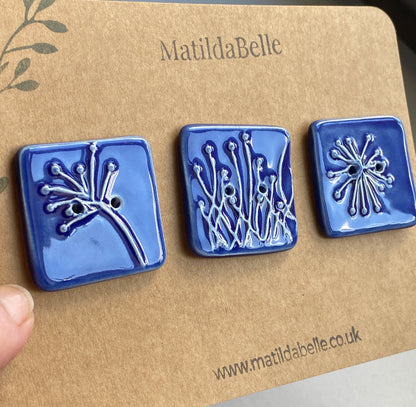 35mm Set of 3 Square Botanical Clay Buttons Navy Blue- 35mm  -