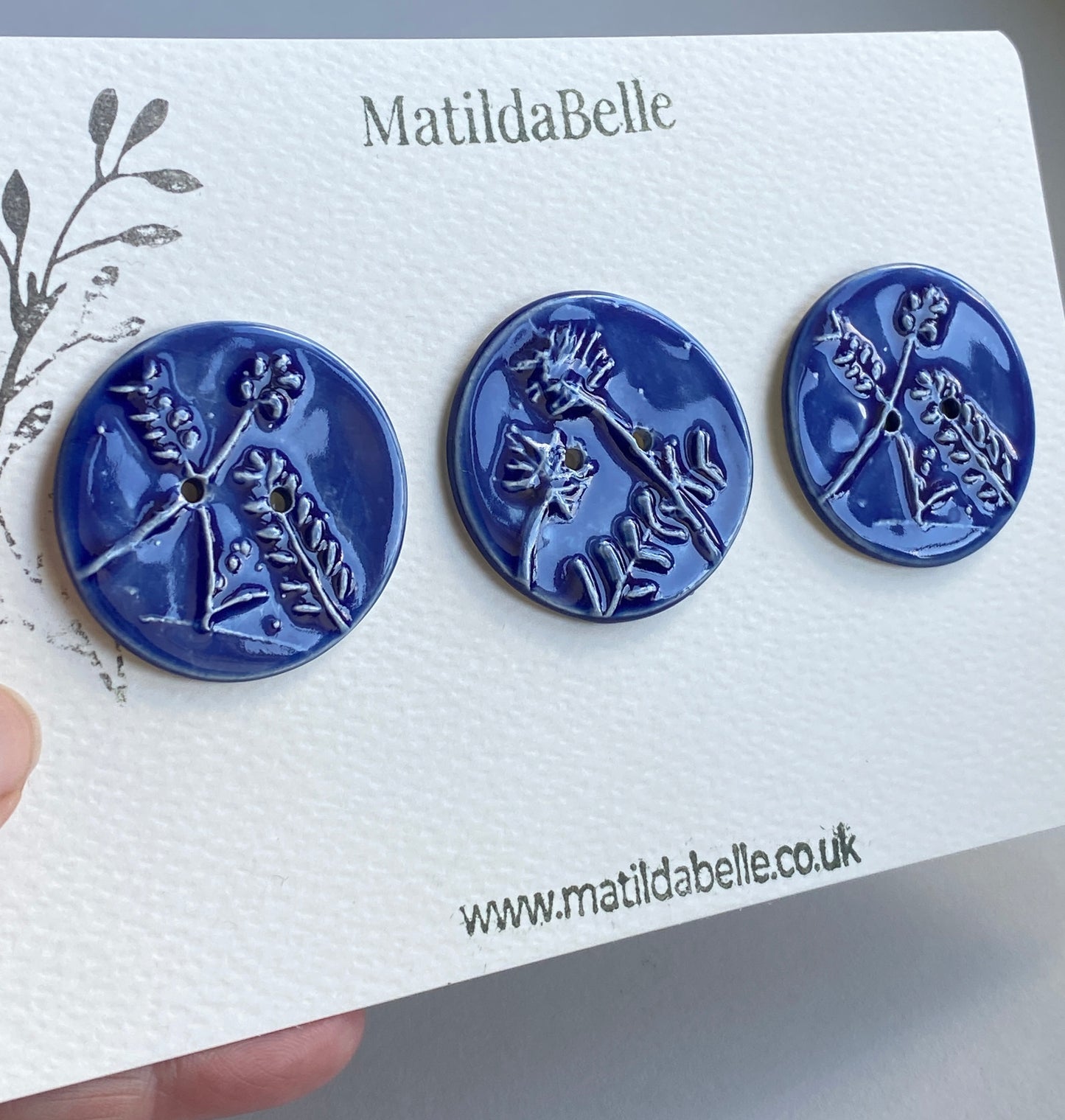 Handmade Ceramic Round 36mm Buttons Botanical Navy Blue