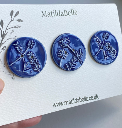 Handmade Ceramic Round 36mm Buttons Botanical Navy Blue