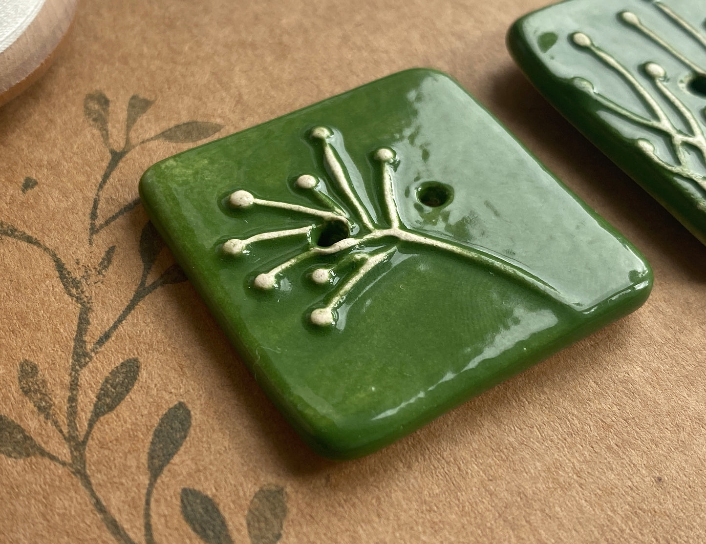 35mm Set of 3 Square Botanical Clay Buttons  Forest Green- 35mm  -