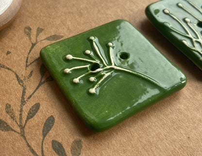 35mm Set of 3 Square Botanical Clay Buttons  Forest Green- 35mm  -