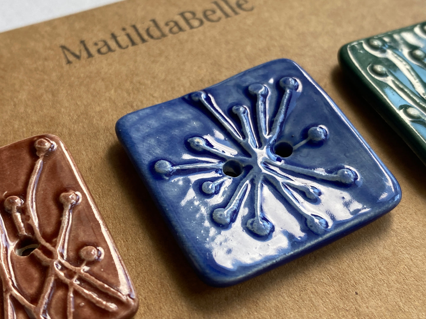 35mm Set of 3 Square Botanical Clay Buttons mixed colours- 35mm  -