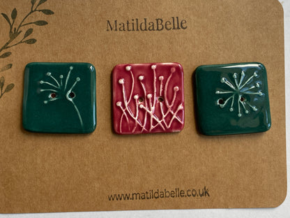 35mm Set of 3 Square Botanical Clay Buttons Green and Wine- 35mm  -