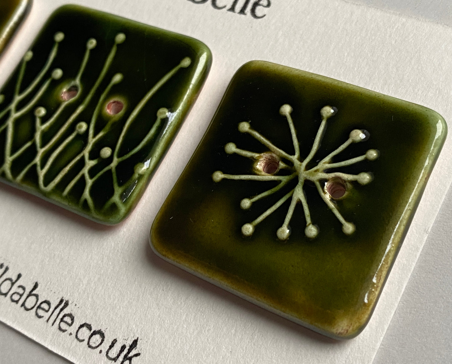 Handmade 35mm Ceramic Botanical Buttons Set of 3 - Square Design Olive Green