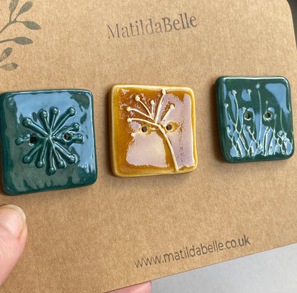 35mm Set of 3 Square Botanical Clay Buttons mixed colours- 35mm  -