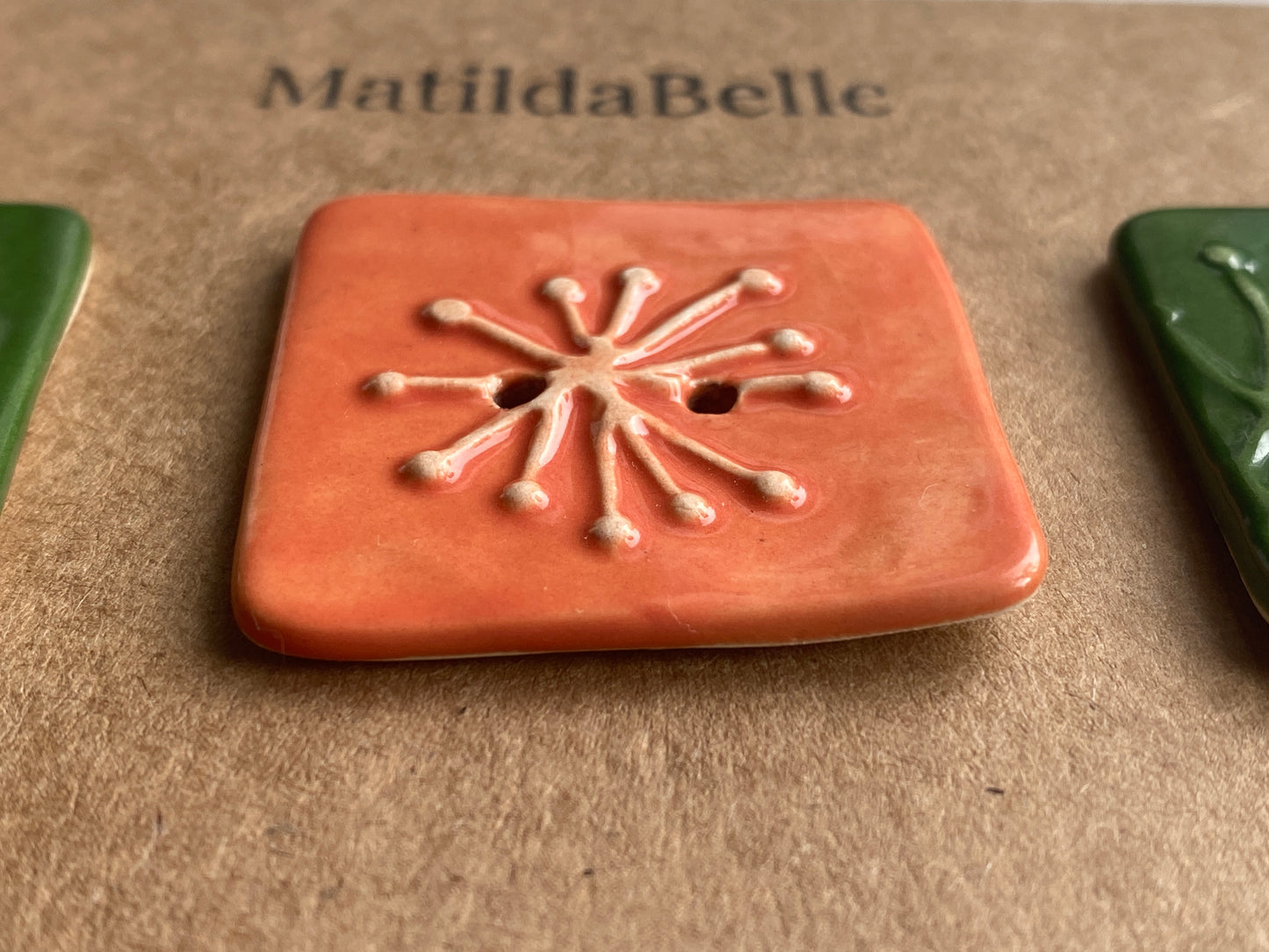 35mm Set of 3 Square Botanical Clay Buttons  Forest Green & Orange