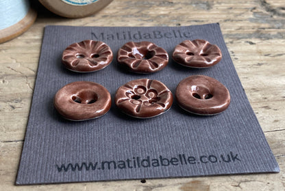 Set of six round handmade Ceramic Chocolate buttons 17mm , vintage inspired