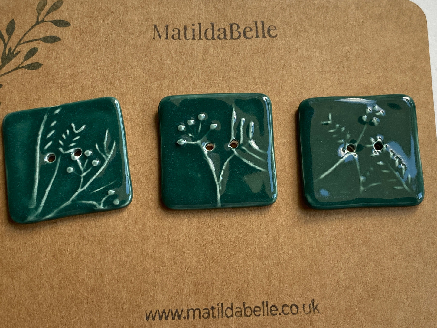 35mm Set of 3 Square Botanical Clay Buttons Green- 35mm  -