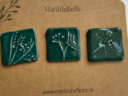 35mm Set of 3 Square Botanical Clay Buttons Green- 35mm  -