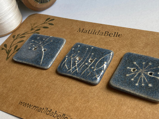 35mm Set of 3 Square Botanical Clay Buttons Heather- 35mm  -