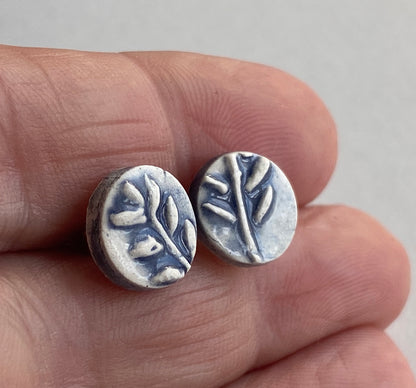 Handmade Ceramic Blue Botanical Earrings - Sterling Silver Posts