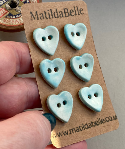 Buttons set of six Hearts 18mm handmade ceramic buttons Turquoise