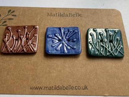 35mm Set of 3 Square Botanical Clay Buttons mixed colours- 35mm  -