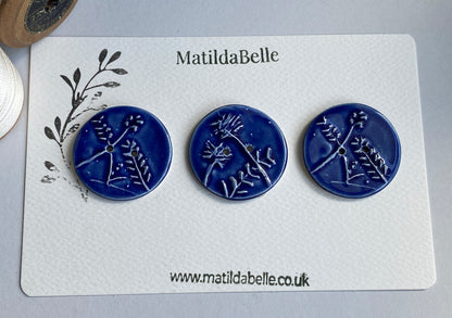 Handmade Ceramic Round 36mm Buttons Botanical Navy Blue