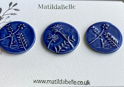 Handmade Ceramic Round 36mm Buttons Botanical Navy Blue