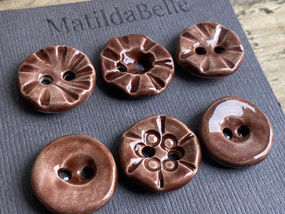 Set of six round handmade Ceramic Chocolate buttons 17mm , vintage inspired