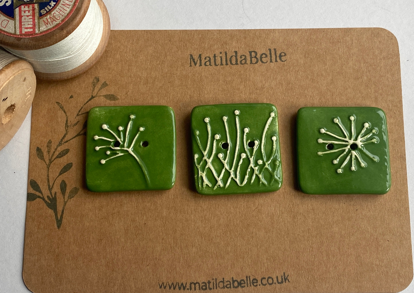 35mm Set of 3 Square Botanical Clay Buttons  Forest Green- 35mm  -