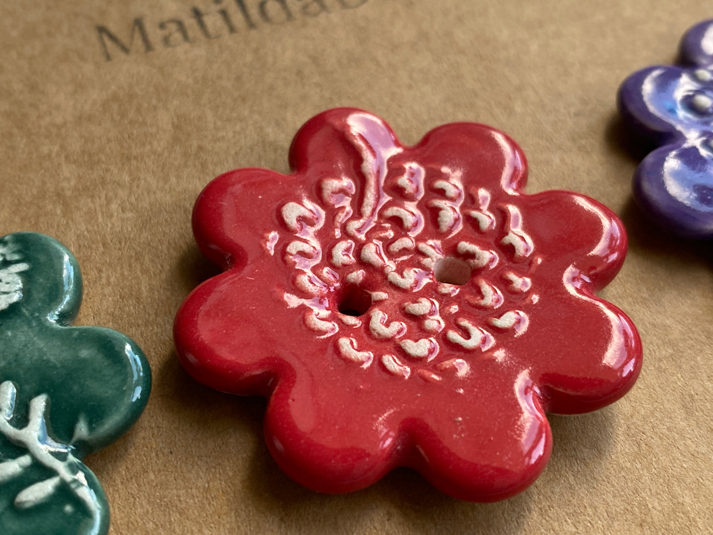 37mm Buttons set of 3 Large Botanical Flower Handmade Ceramic Buttons