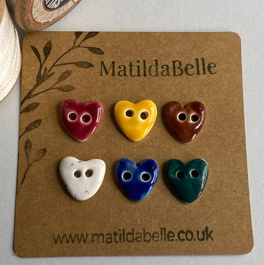 Handmade Ceramic tiny Heart Button 15mm , Mixed Set of 6