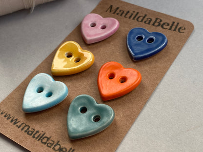 Buttons set of six Hearts 18mm handmade ceramic buttons mixed colours