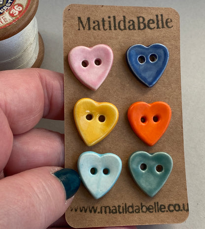 Buttons set of six Hearts 18mm handmade ceramic buttons mixed colours