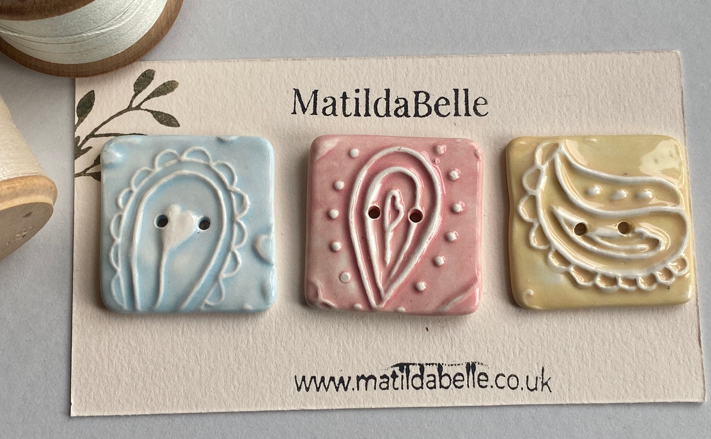 Handmade set of 3 Ceramic 35mm square Buttons Whimsical design Pretty Pastels