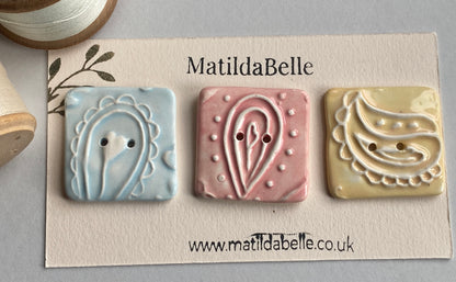 Handmade set of 3 Ceramic 35mm square Buttons Whimsical design Pretty Pastels