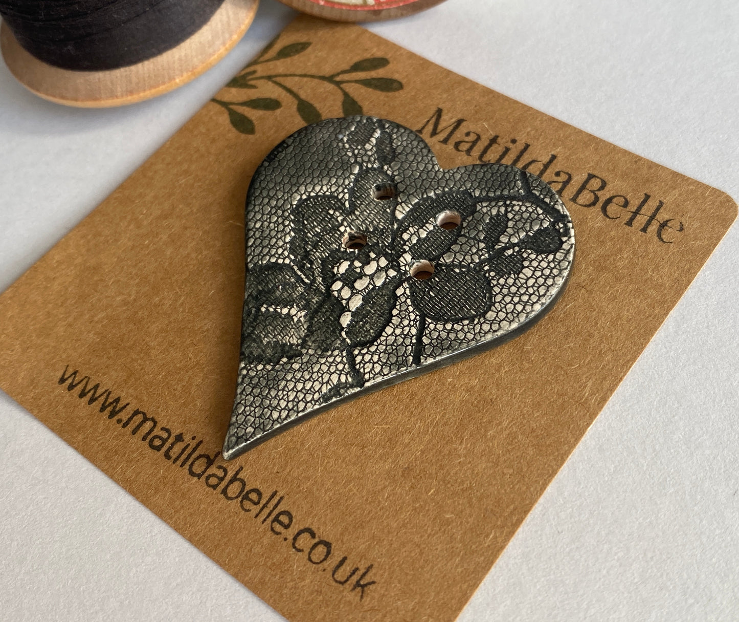 Extra Large handmade Heart Ceramic Button Vintage Black Lace 55mm