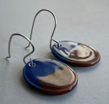 Ceramic Oval Dangle Earrings - Navy Blue and Chocolate