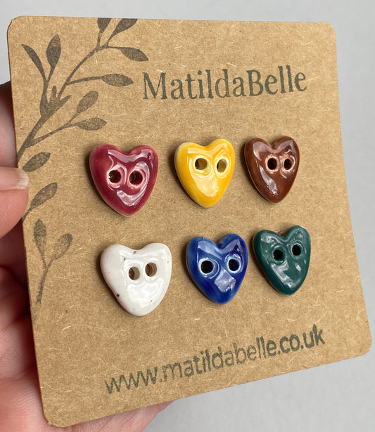 Handmade Ceramic tiny Heart Button 15mm , Mixed Set of 6