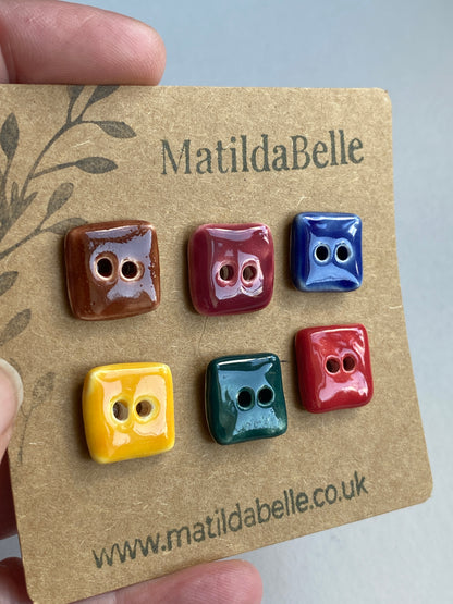 Buttons handmade ceramic 16mm set of Six square tiny buttons mixed colours