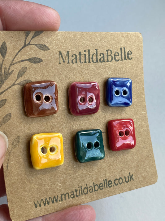Buttons handmade ceramic 16mm set of Six square tiny buttons mixed colours