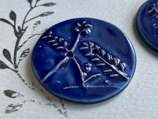 Handmade Ceramic Round 36mm Buttons Botanical Navy Blue