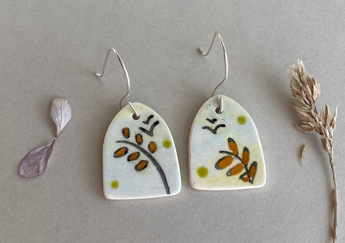 Handmade Ceramic Botanical Drop earrings Sterling Silver