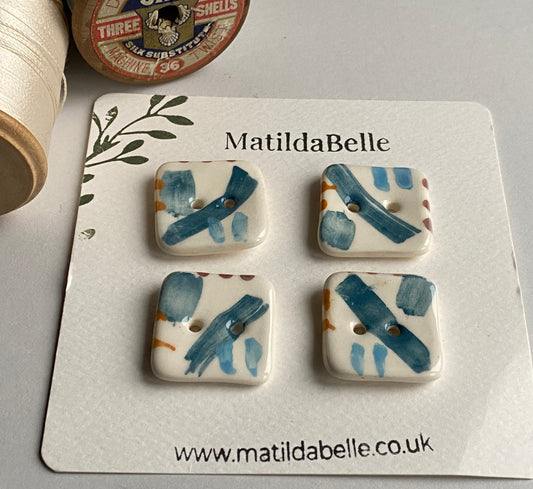 25mm Buttons Handmade square set of 4, Coastal Blues