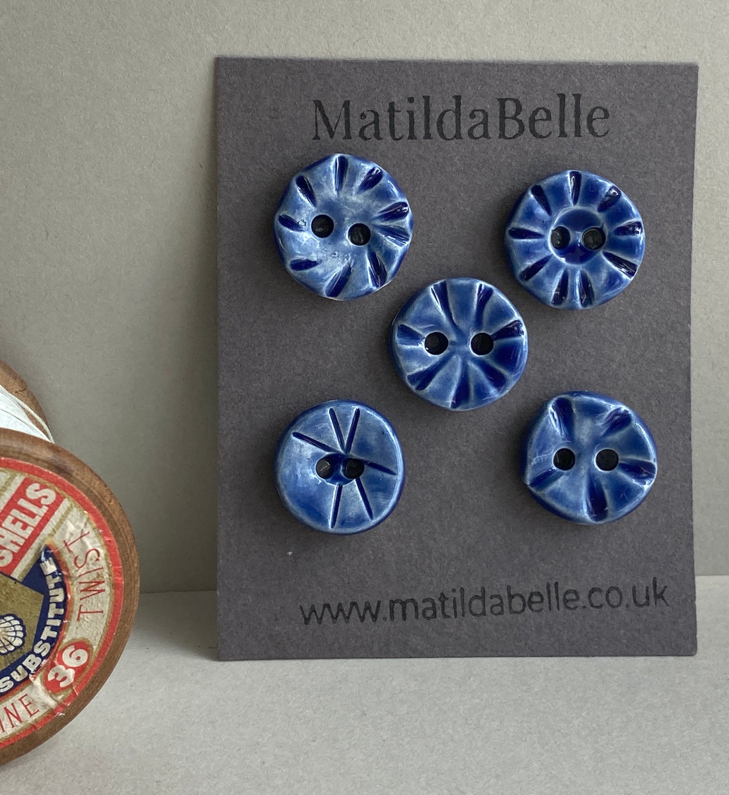 Buttons 18mm round set of five handmade ceramic in Blue