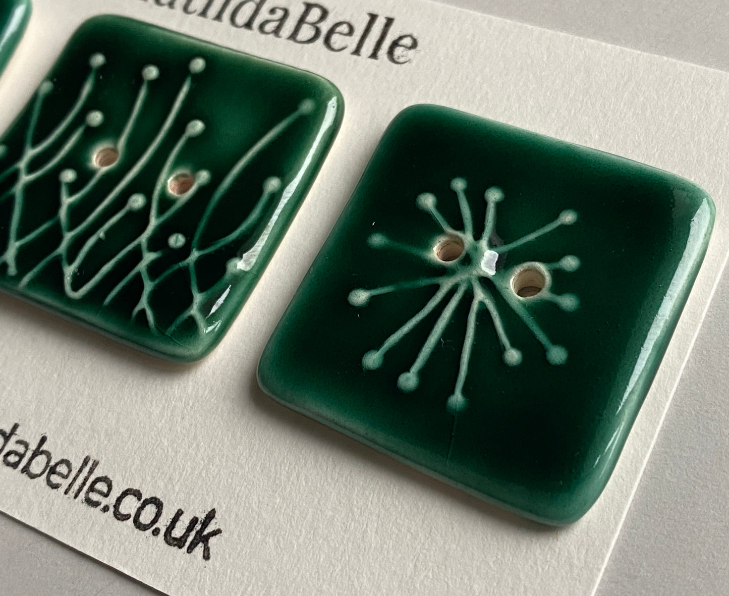 Buttons 35mm set of 3 Large Square Botanical  Ceramic Buttons Green