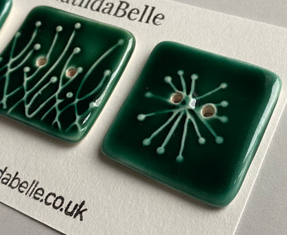 Buttons 35mm set of 3 Large Square Botanical  Ceramic Buttons Green