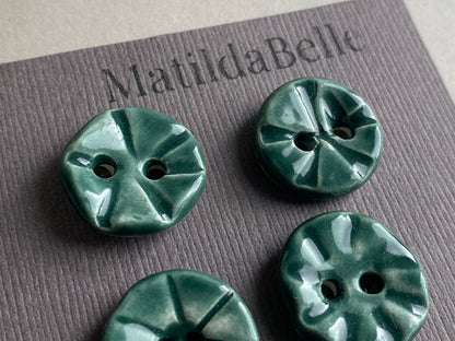 Set of six round handmade Ceramic Green buttons 17mm , vintage inspired