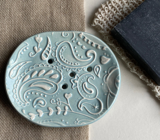 Soap Dish Blue Handmade Ceramic -Paisley design