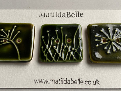 Handmade 35mm Ceramic Botanical Buttons Set of 3 - Square Design Olive Green