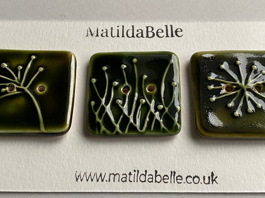 Handmade 35mm Ceramic Botanical Buttons Set of 3 - Square Design Olive Green