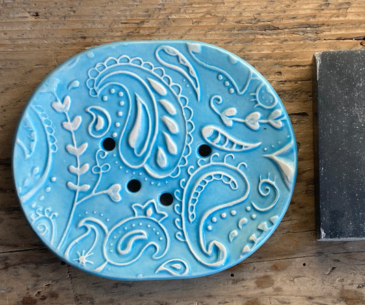 Soap Dish Handmade Ceramic -Paisley design Sky Blue