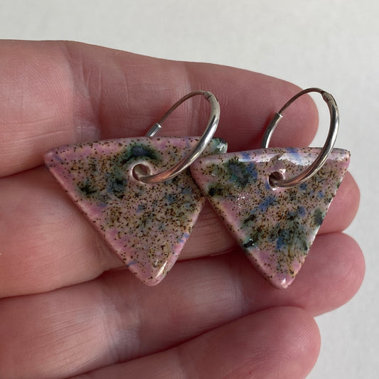 Silver Hoops with Purple glazed ceramic triangles