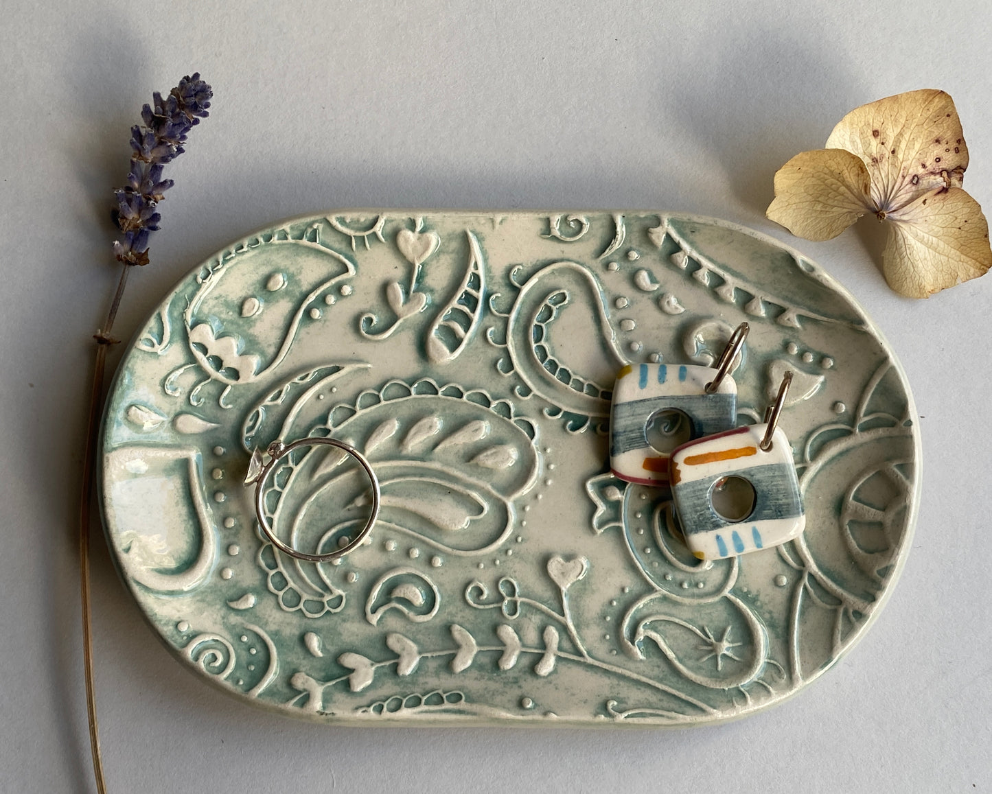 Handmade Ceramic Trinket Tray Oval Soft Green