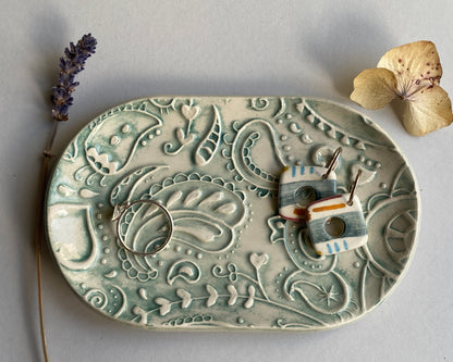 Handmade Ceramic Trinket Tray Oval Soft Green